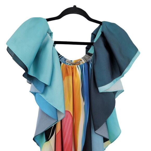 Designer Mary Katrantzou Dress Artsy Unique Rainbow Flutter Sleeve Kaftan 10‎ - Picture 7 of 11